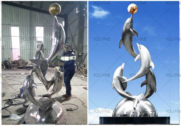 large outdoor stainless steel dolphin sculpture