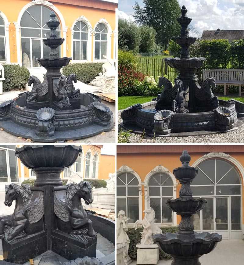 Details of marble garden tiered water fountains with horse statues outdoor