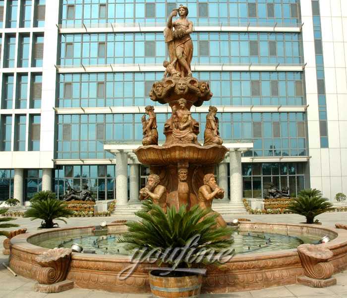 Large outdoor 3 beige marble tiered water statuary fountains with nude woman and Neptunian for sales