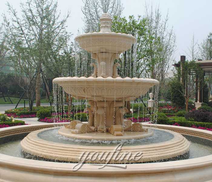 Life size outdoor beige marble tiered waterfall fountain on sale
