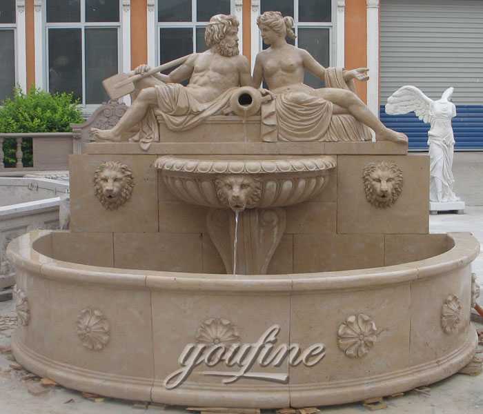 Outdoor lion water wall garden fountains with nude man and woman statue for sales