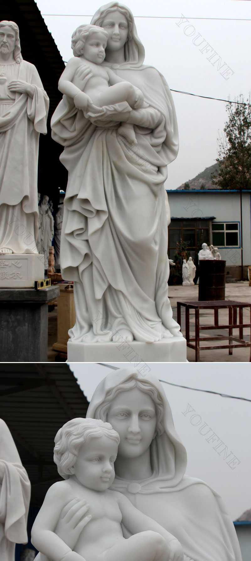 Outside religious mary and baby jesus marble sculptures details