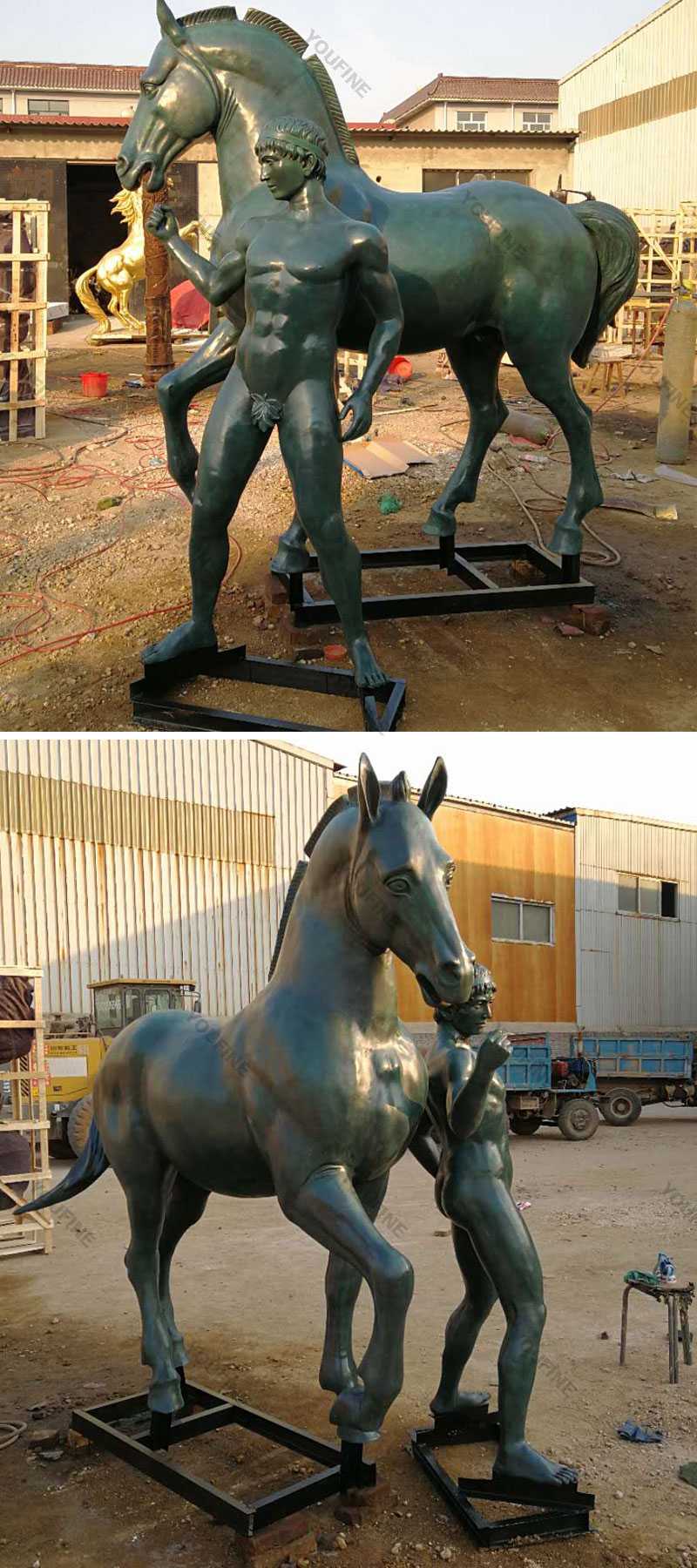 Life size bronze casting metal standing horse with nude man statues outdoor designs