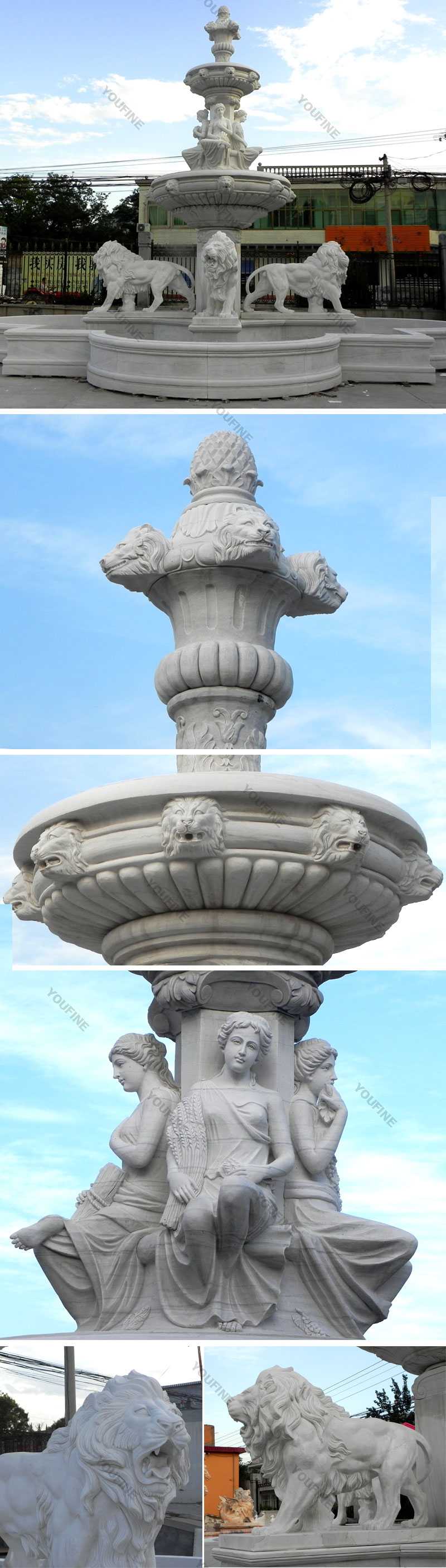 The details of giant water features with lion statues designs