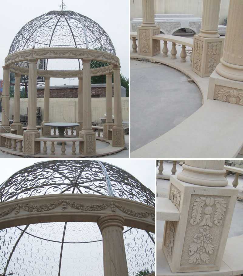 custom small cheap yellow marble gazebo designs with railing and beaches for garden and font yard decor for sale