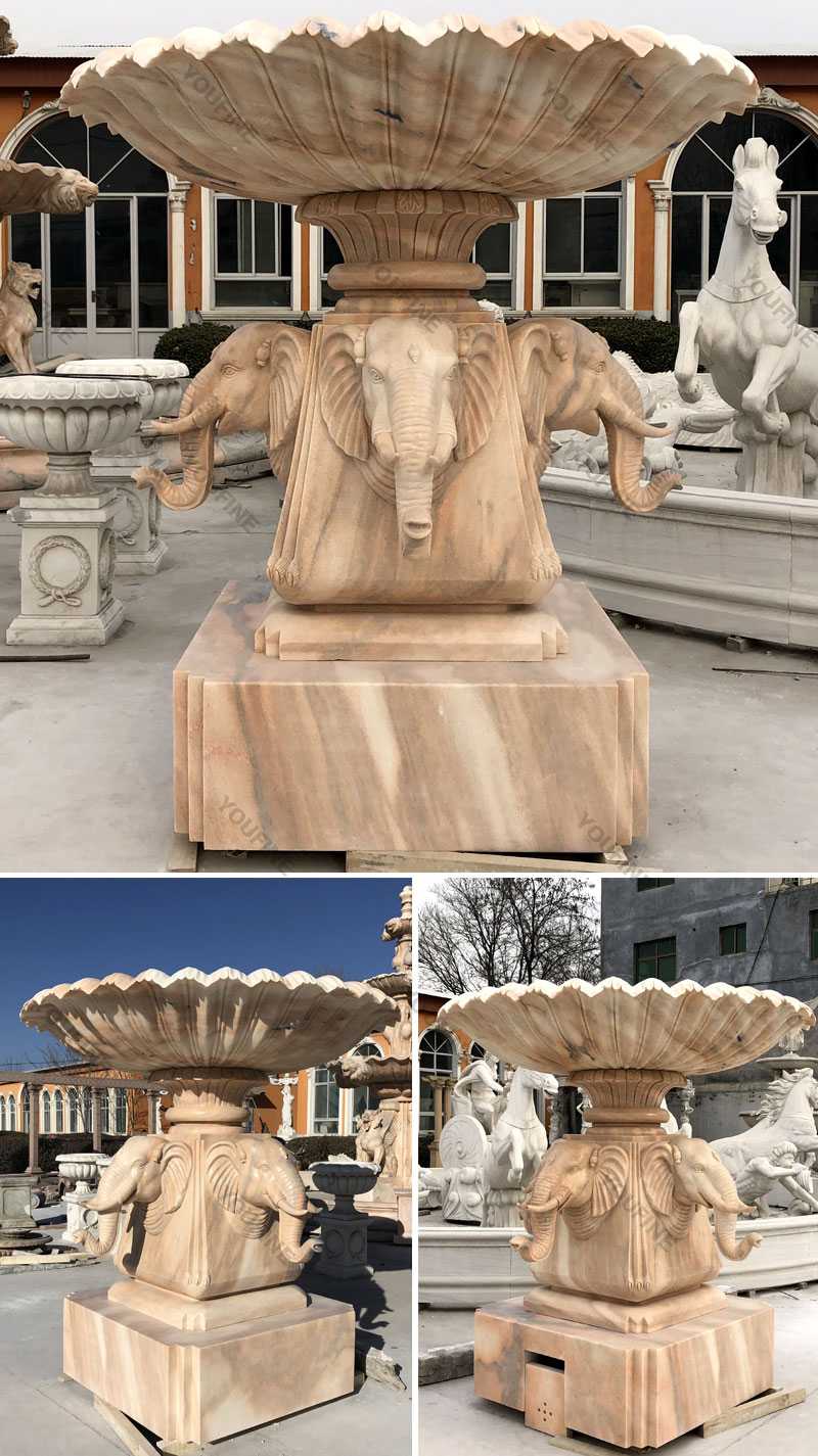 Custom made life sizes yellow marble outdoor fountain with elephants for sale on stock