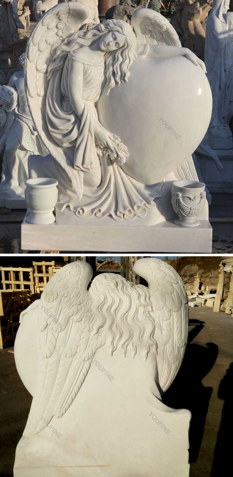 Details of grief angel with heart marble headstone monuments designs for sale
