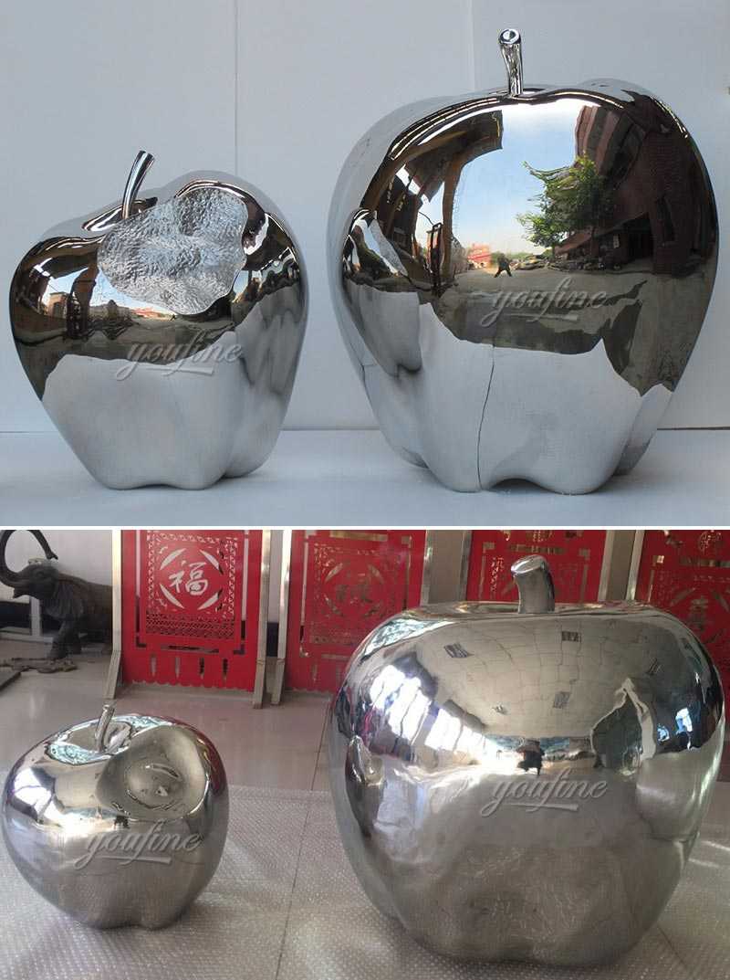 Modern metal street and yard art mirror stainless steel apples designs for our american friends