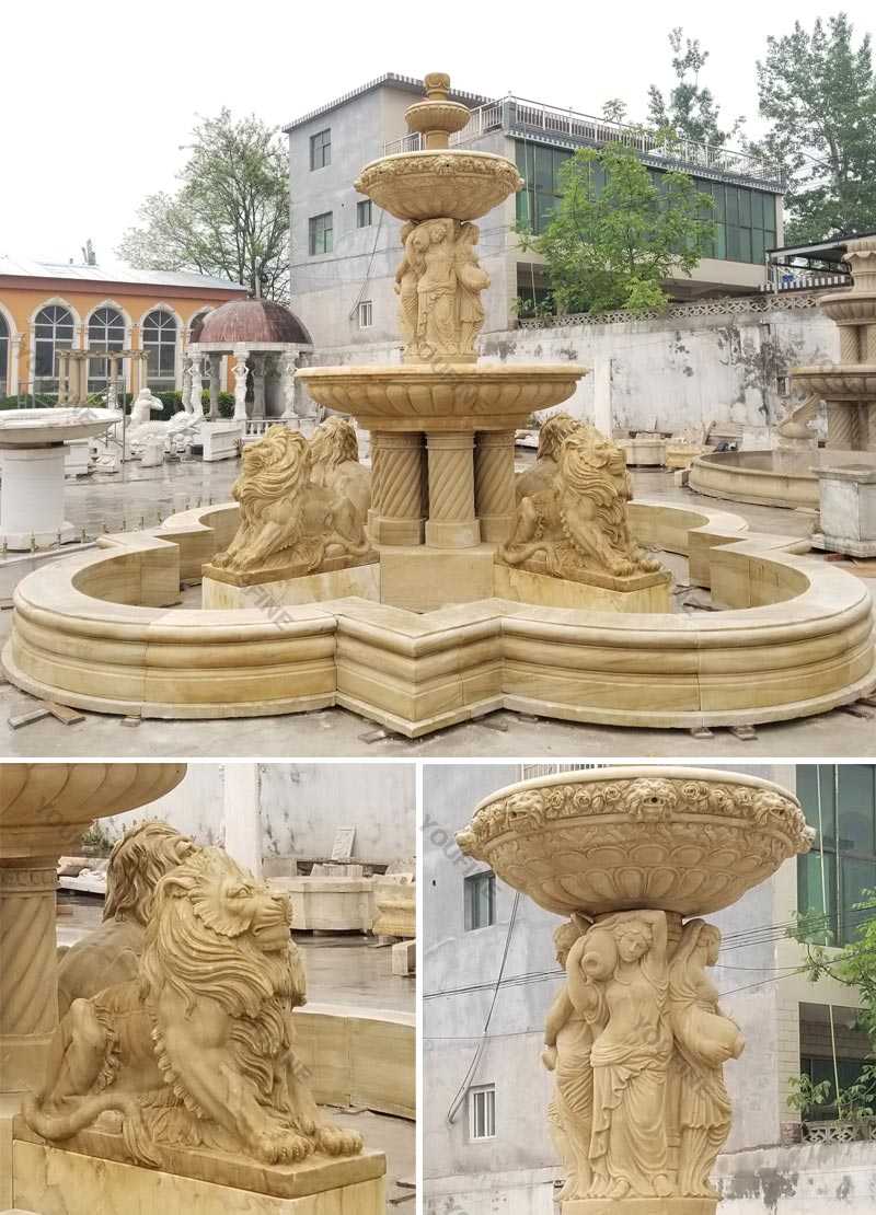 Yellow Antique Marble Tiered Water Fountain With Lion And Figures Statues On Stock For Sale For Front Yard Decor