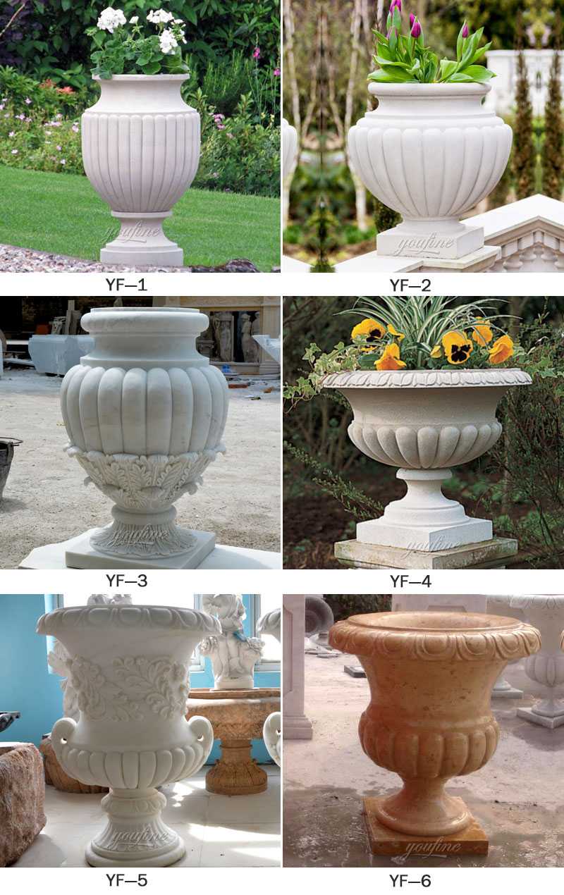 factory supply life size easy designs outdoor white marble garden flower pots with round deep basin for sale on discount