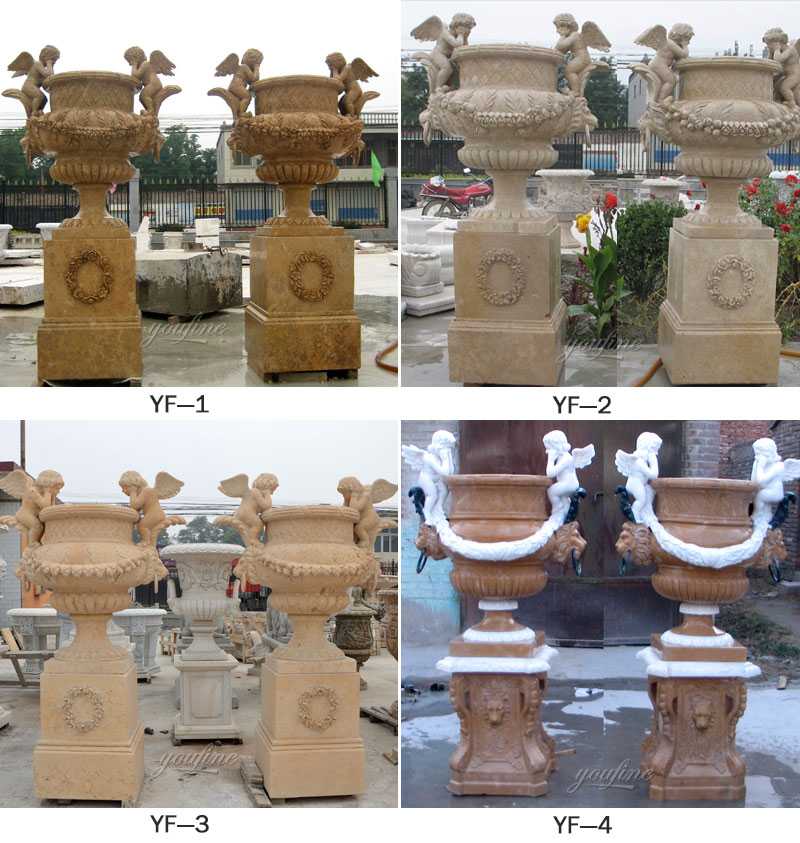 hand carved outdoor natural marble planter with cherubs for garden for sale