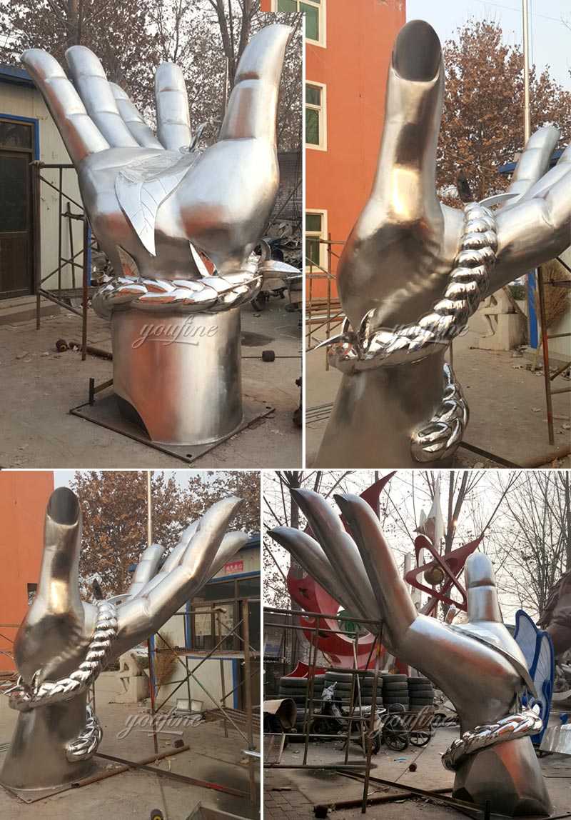 wholesale large outdoor metal art modern abstract stainless steel sculpture with hand design for sale