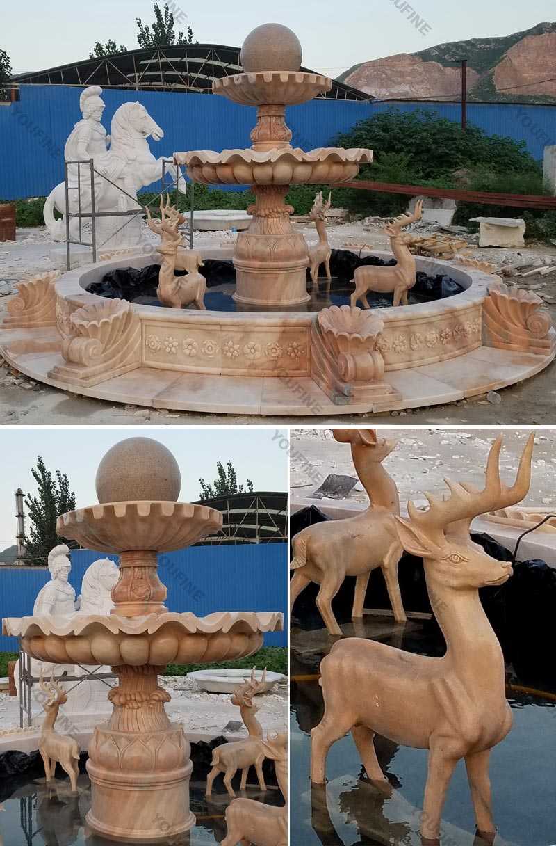 High quality tired yellow marble fountain with deer designs for garden decor for sales--MOKK-04