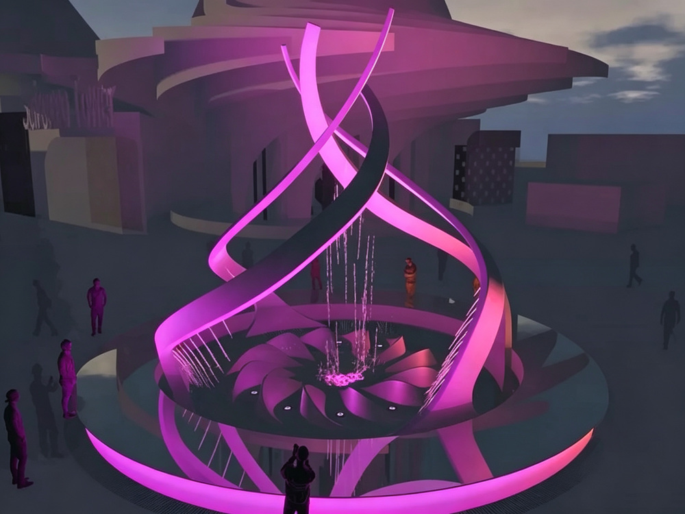 Design drawings for 8m abstract fountain sculpture at Six Flags Qiddiya