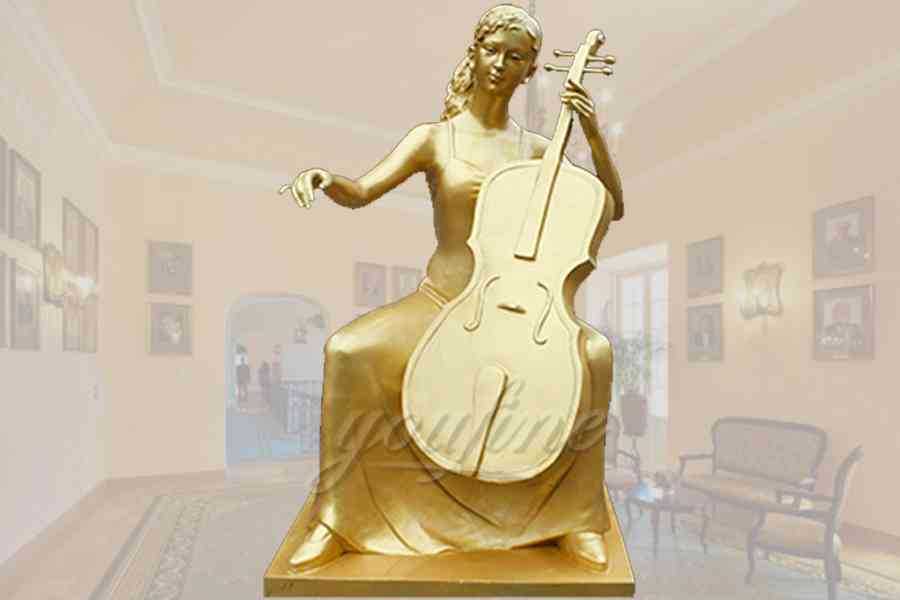 Elegant golden sitting cellist bronze garden statue for decor