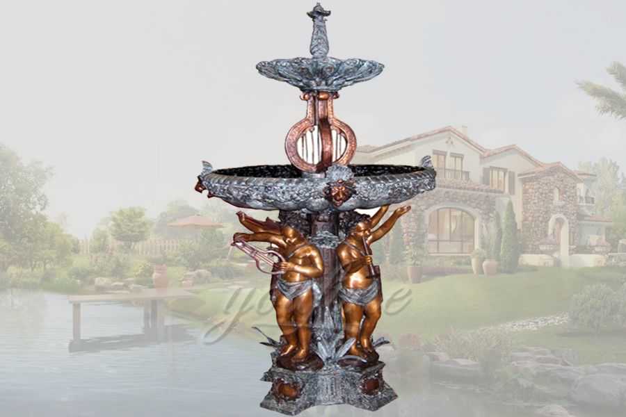 Classical patina garden playing music bronze cherubs fountain