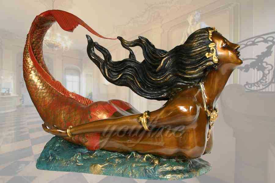 Decorative outdoor colorful swimming bronze mermaid statue