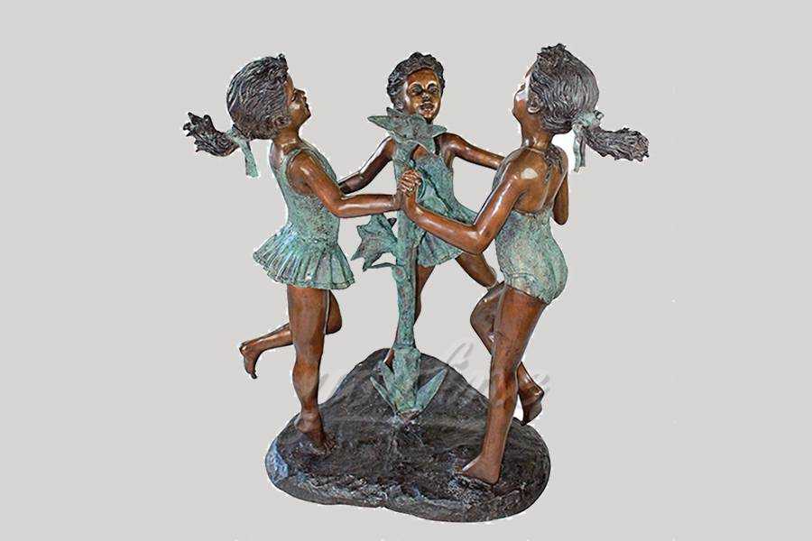 Life size playing casting bronze children sculpture with flowers