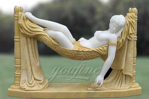 Carved garden marble nude lady sculpture sleeping on swing