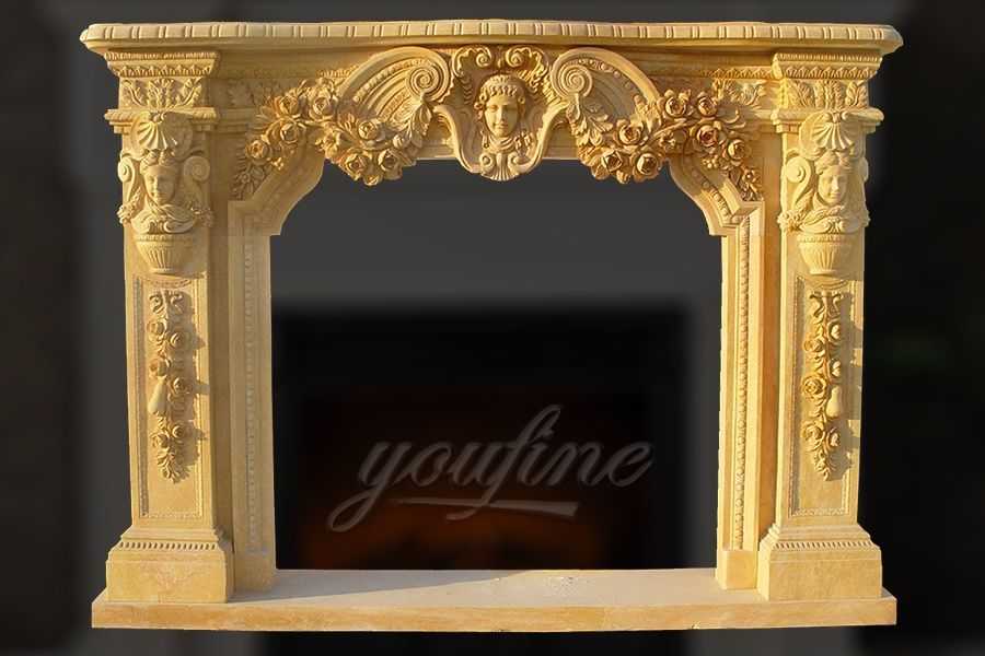 Decorative antique beige marble fireplace mantel for interior use