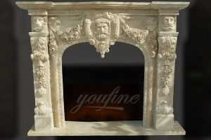 Decorative lion head beige marble fireplace mantel for sale