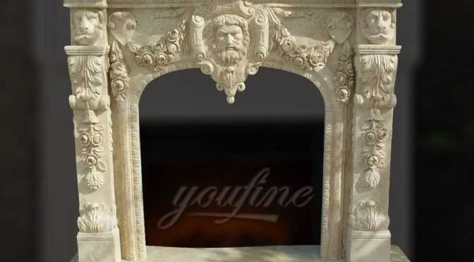 Decorative lion head beige marble fireplace mantel for sale