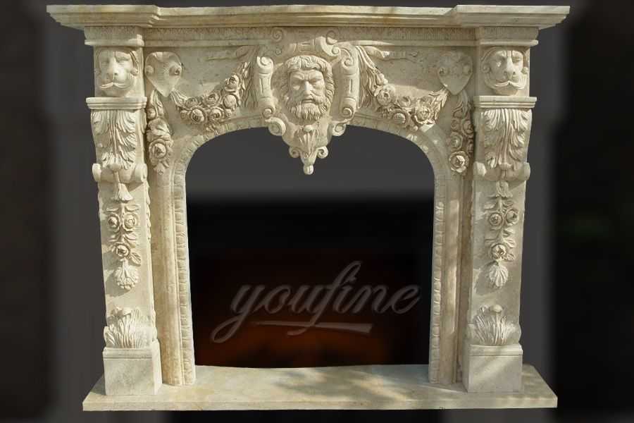 Decorative lion head beige marble fireplace mantel for sale FTSF-02