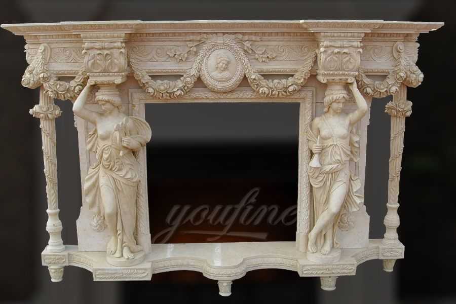 Decorative luxury beige marble fireplace mantel for sale