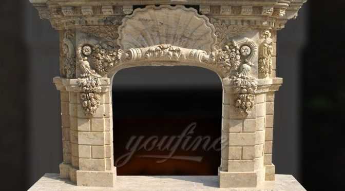 High quality antique beige marble fireplace mantel