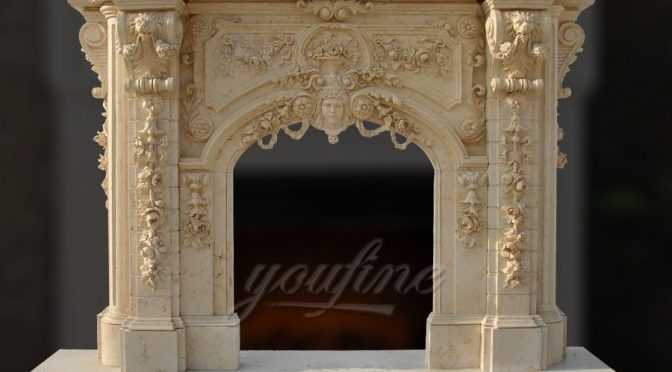 High quality luxury lion head beige Georgian marble fireplace mantel FTGF-04