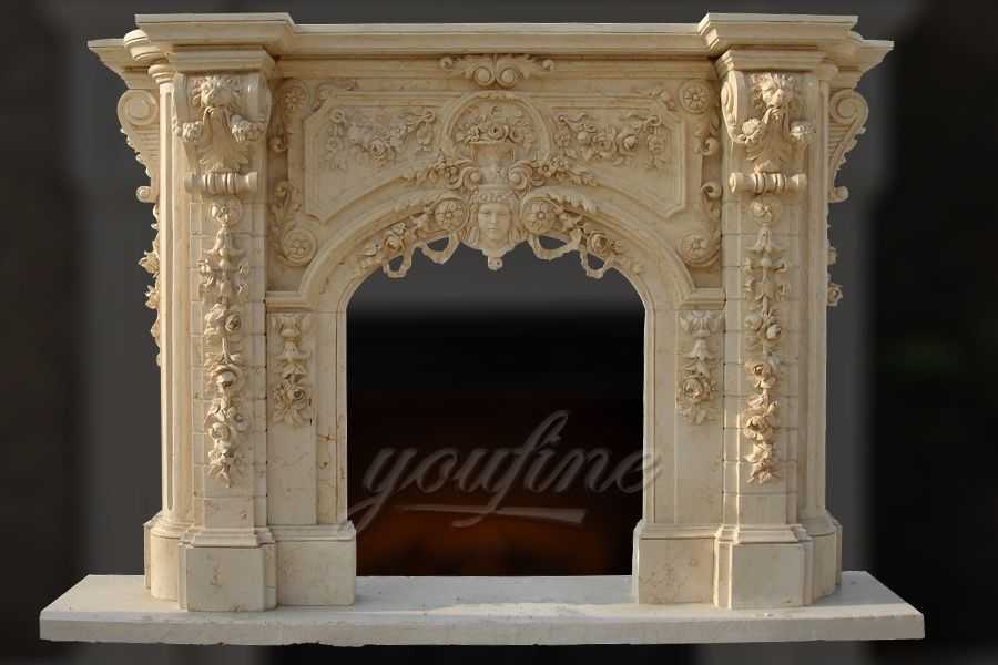 High quality luxury lion head beige Georgian marble fireplace mantel FTGF-04