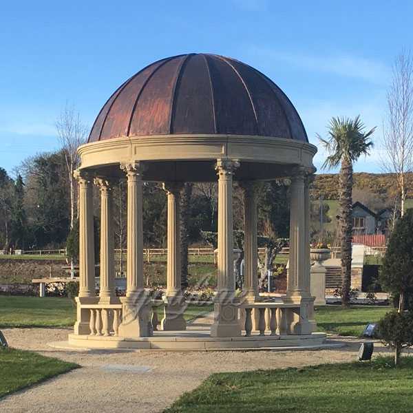 Italian beige marble carved wedding gazebo column with wrought iron dome designs for park or garden decor for sale--MOKK-99