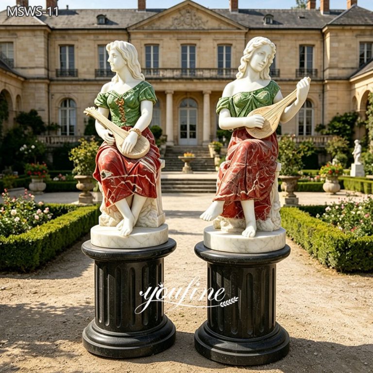 Lady Lute Player Statues with Black Pedestals