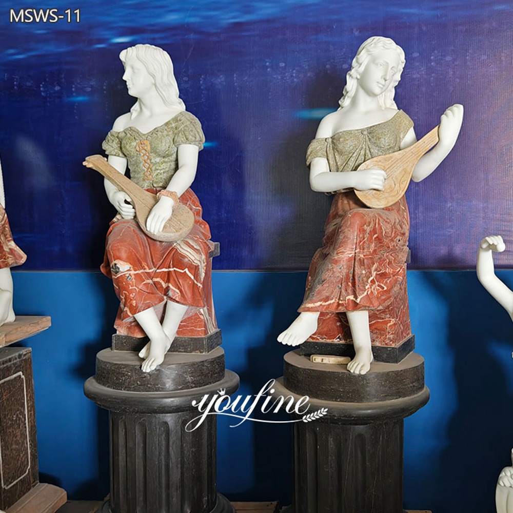 Lady Lute Player marble Statues with Black Pedestals