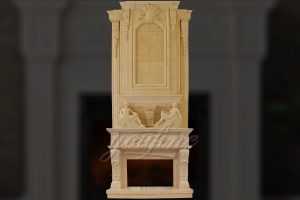 Large carved statue beige marble fireplace over mantel for sale