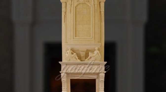 Large carved statue beige marble fireplace over mantel for sale