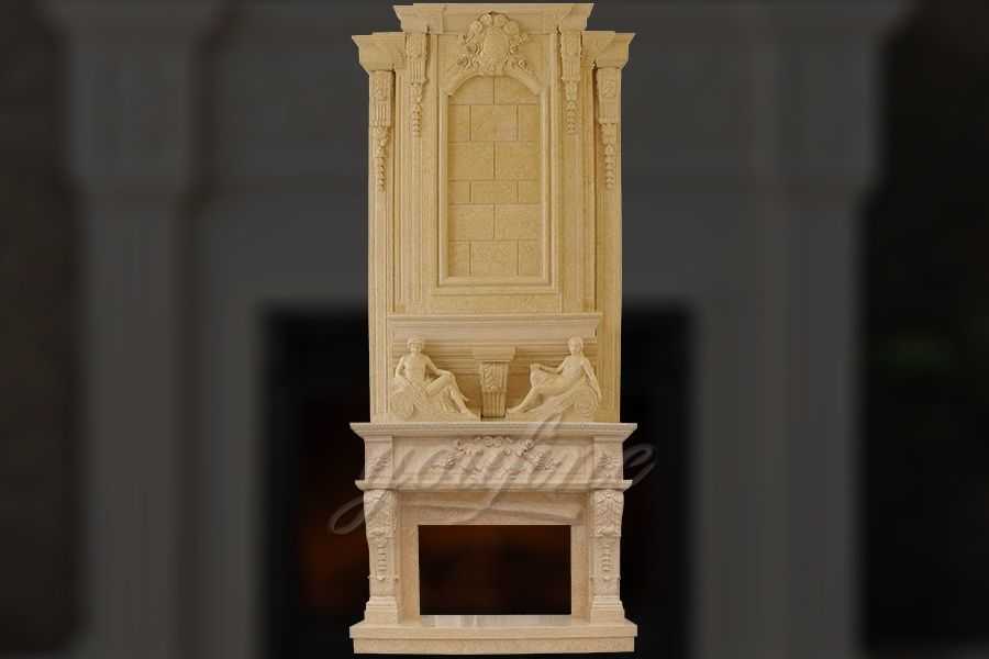 Large carved statue beige marble fireplace over mantel for sale