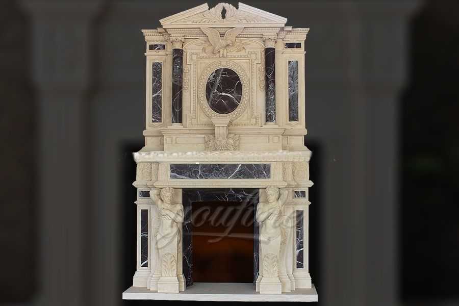 Large luxury beige marble fireplace over mantel for sale