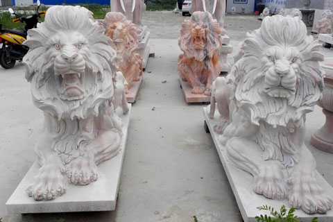 Life size entrance paired white marble lying and roaring lion statues for lawn ornaments for sale--MOKK-90