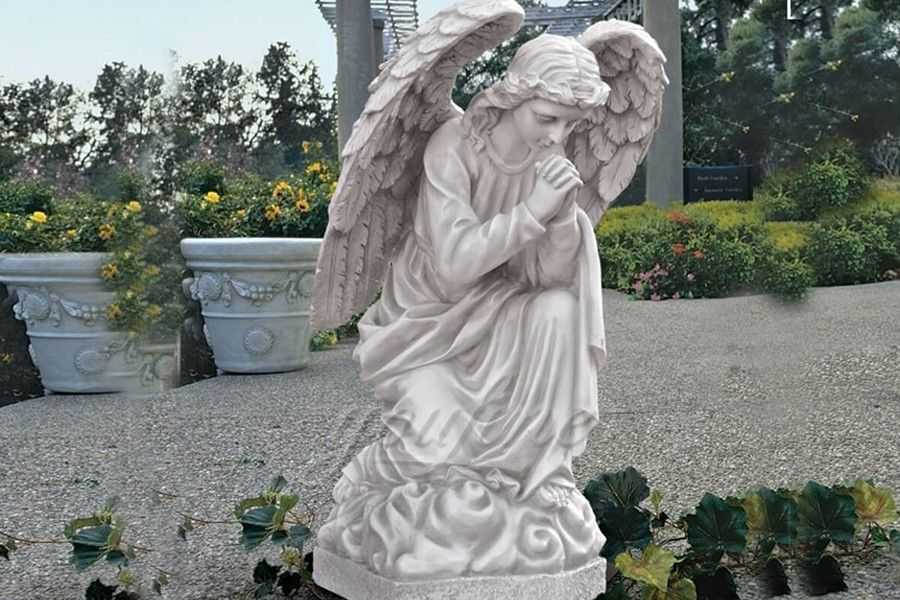 Life size hand carved kneeling angel marble statues with wings