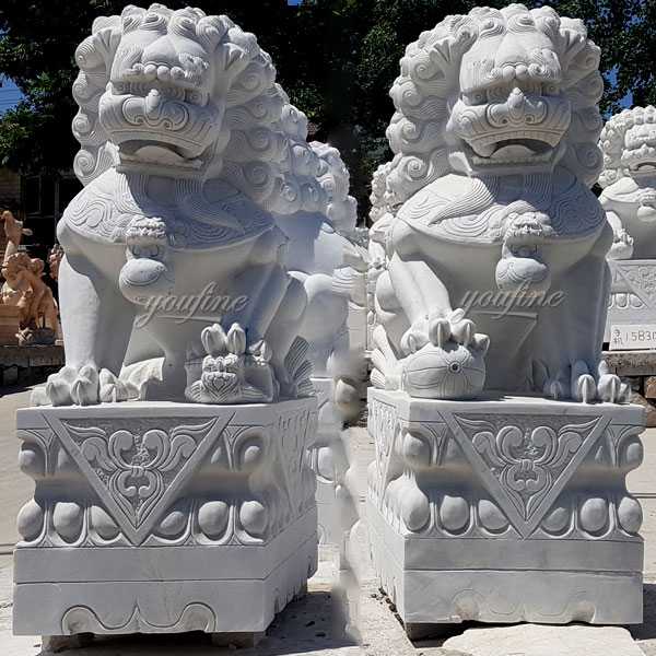 Life size marble chinese foo dog garden ornaments lion statues for front porch for sale--MOKK-116