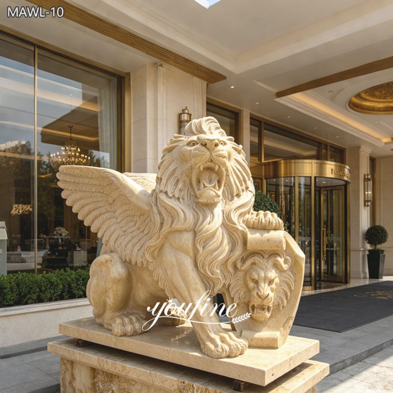 Luxury Travertine Winged Lion Statue with Shield