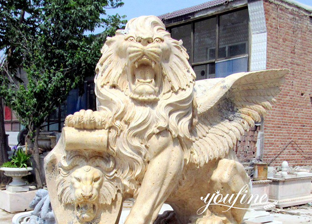 Luxury Travertine Winged Lion Statue with Shield details