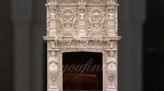 Luxury decorative beige marble fireplace over mantel for sale