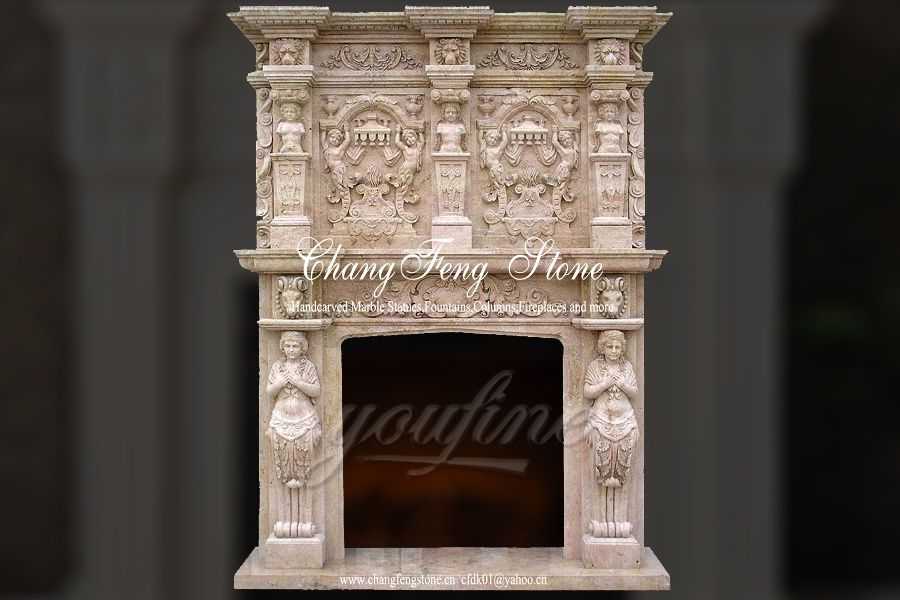 Luxury decorative beige marble fireplace over mantel for sale