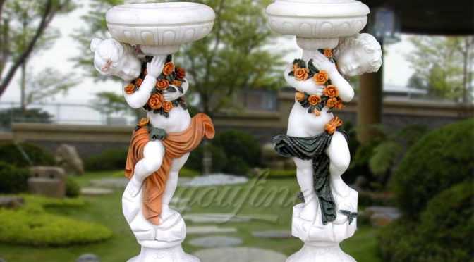 Natural marble planter with boy statue