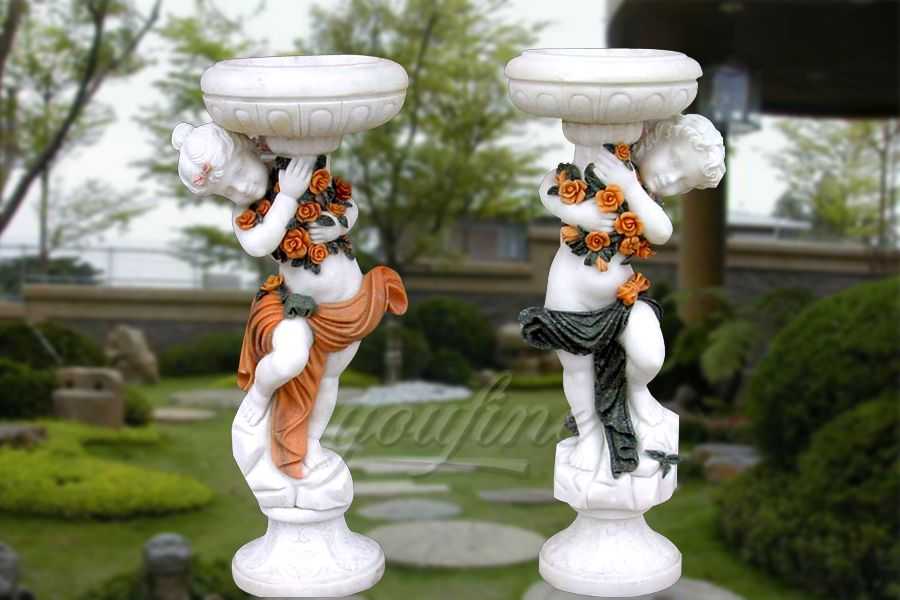 Natural marble planter with boy statue