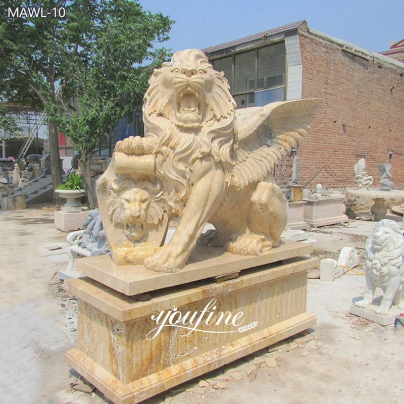 Travertine Winged Lion Statue with Shield
