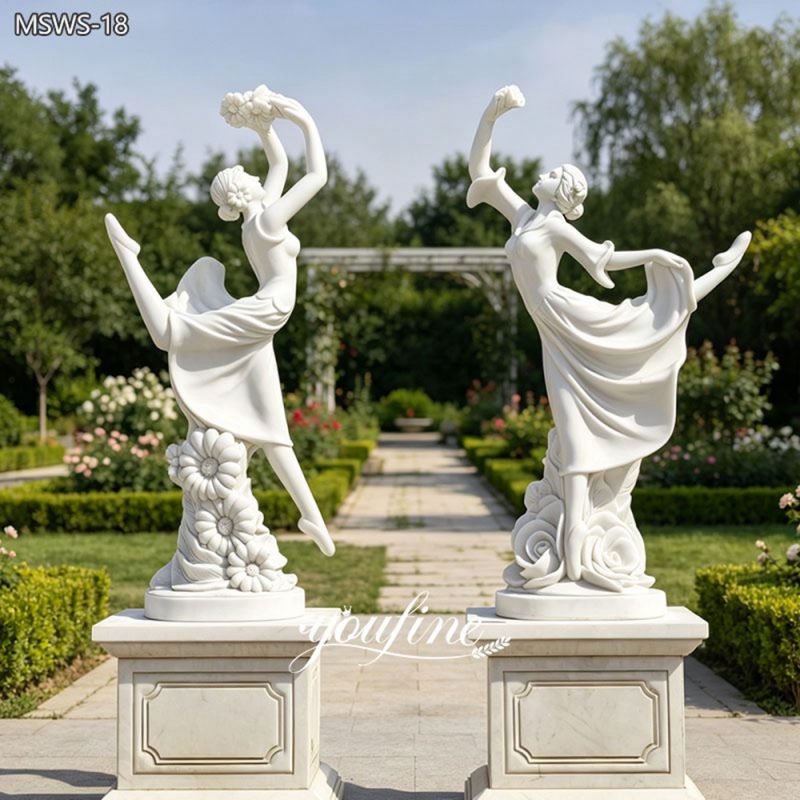 Two Dancing Maidens with Flowers Marble Sculpture Set