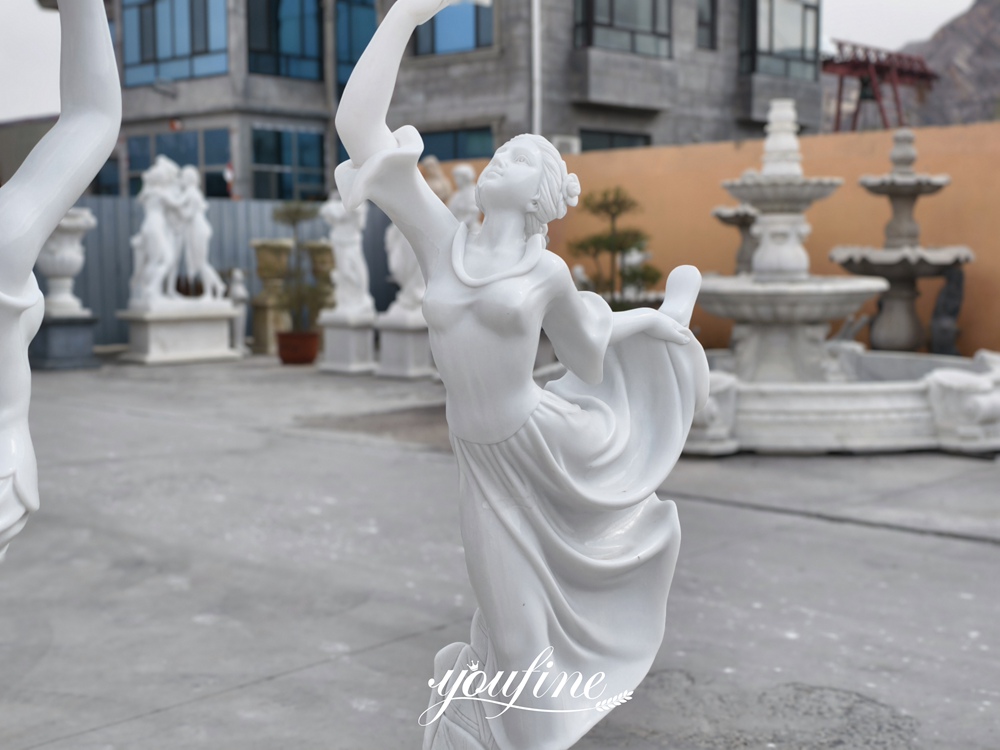 Two Dancing Maidens with Flowers Marble Sculpture details